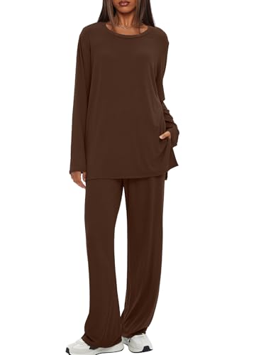 Darong Womens 2 Piece Fall Lounge Sets Oversized Tops Wide Leg Pants - color: Coffee, size: X-Large