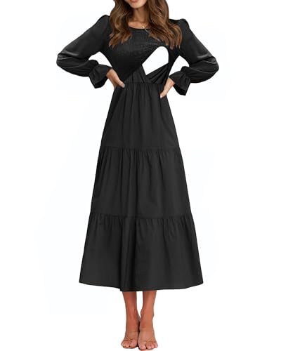 CzzzyL Women's Nursing Dress Smocked Bodice Ruched Midi with Pockets - color: Black, size: Medium