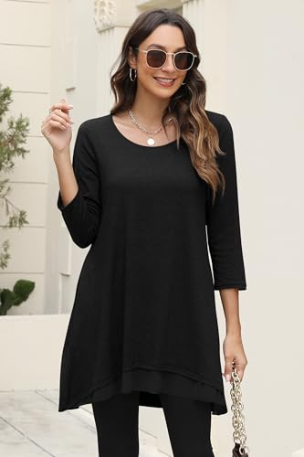 Poetsky Womens 3/4 Sleeve Tunic Tops for Leggings Long Shirts with Pockets - color: Black, size: Medium