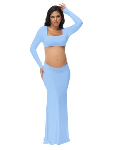 Women's Maternity Elegant Fitted Maxi Dress for Photoshoot - color: Light Blue, size: Small