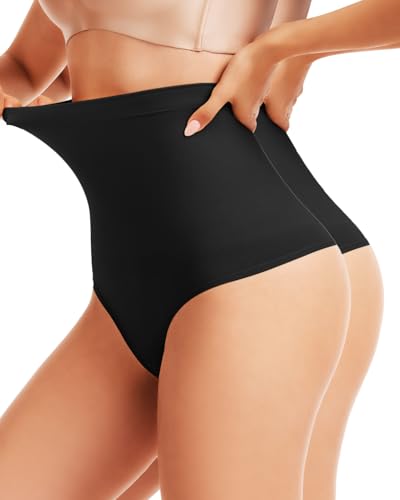 Seamless High Waisted Tummy Control Shapewear Thong - color: 2pack-black, size: Large