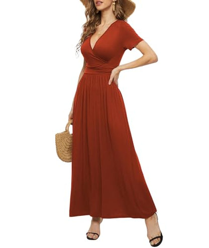 LILBETTER Women's Summer Short Sleeves Dress Wrap Waist Maxi Dresses with Pockets - color: Caramel, size: Medium
