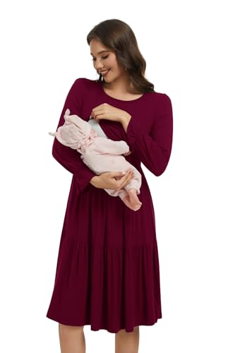 Smallshow Women's Ruffle Maternity Nursing Dress Long Sleeve - color: Maroon, size: Medium