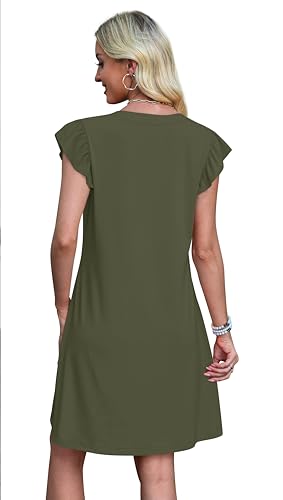 OFEEFAN Spring Summer Dresses for Women 2026 Casual Ruffle Sleeve V Neck Loose Swing Sundresses with Pockets Plain/Print - color: Plain Green, size: Medium