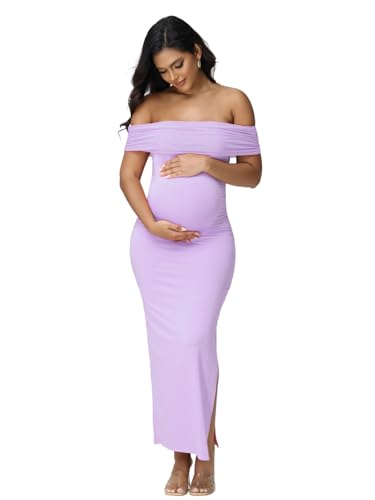 Women's Maternity Mesh Off Shoulder Party Long Dress Baby Shower - color: Violet, size: Medium