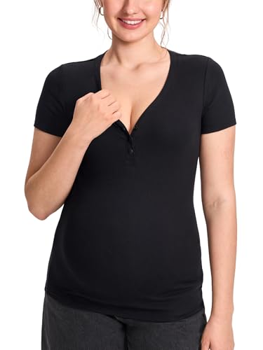 MOMANDA Cotton Ribbed Henley Maternity Tshirts - color: Black, size: Large