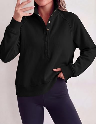 PRETTYGARDEN Women's Fall Oversized Sweatshirts Mock Neck Henley Pullover - color: Black, size: Large