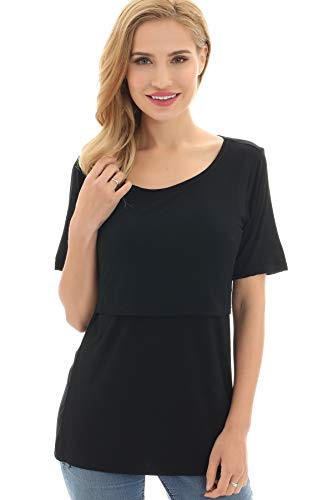 Bearsland Women's 3 Packs Maternity Nursing Tops Short Sleeve Breastfeeding Shirts - color: Black+grayblue+blackwhite Stripe(3pcs), size: Medium
