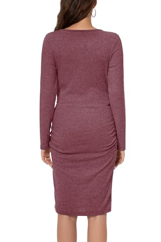 Smallshow Women's Knit Maternity Dress Long Sleeve Pregnancy Clothes - color: Maroon, size: X-Large