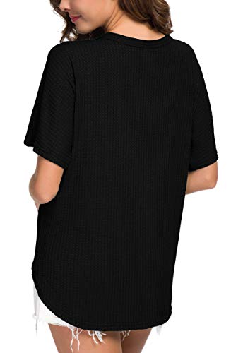 IWOLLENCE Women's Waffle Knit Tunic Blouse Tie Knot Short Sleeve Henley Tops Loose Fitting Bat Wing Shirts - color: C-black, size: X-Large