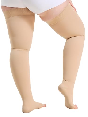 TOFLY Open Toe Thigh High Compression Socks 20-30mmHg for Women and Men - color: 20-30mmhg Open-toe Beige, size: 5X-Large