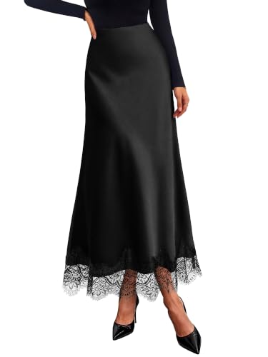 BTFBM Lace Trim Satin Skirts for Women Elegant - color: Black, size: Large