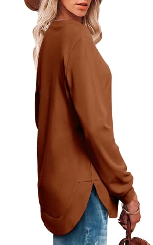 OFEEFAN Womens Sweatshirt Crewneck Long Sleeve Shirts High Low Tops Curved Hem - color: D-caramel, size: Small