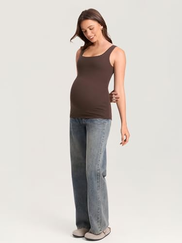MOMANDA Cotton Ribbed Maternity Tank Tops - color: Clay Brown, size: Large