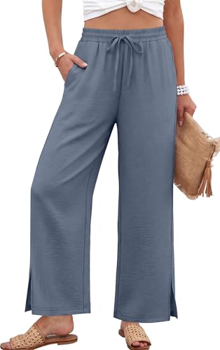 Sampeel Womens Wide Leg Beach Pants Elastic Waist Lightweight Casual Flowy Palazzo Lounge Trousers with Pockets - color: Dark Grey, size: Large