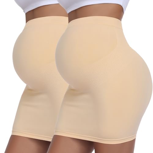 Women's Maternity Pencil Skirt Over Belly, High Waisted Solid Stretchy Pregnancy Shapewear Dress Bump Support 2-Pack - color: Beige, size: Large