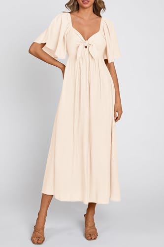 PRETTYGARDEN Women's Summer Bow Tie V Neck Midi Dresses - color: Beige, size: Large