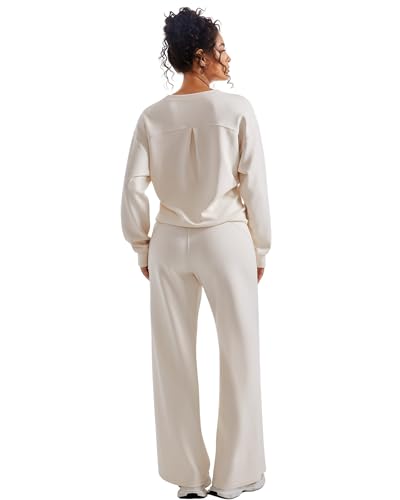 SUUKSESS Women Modal 2 piece outfits Oversized Sweatshirt Wide Leg Pants - color: Apricot, size: Medium