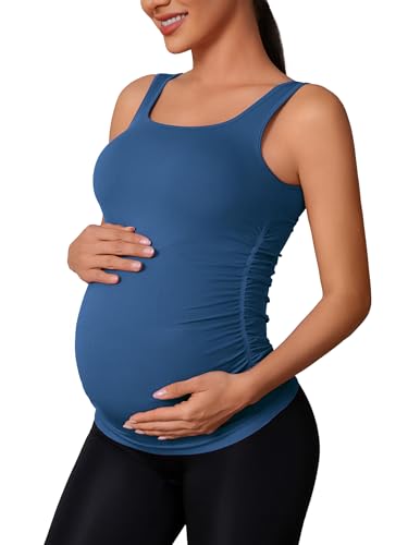 ATTRACO Maternity Tank Tops Seamless Side Ruche Sleeveless Pregnancy Basic Shirt with Built in Bra - color: Pitch Blue, size: Medium