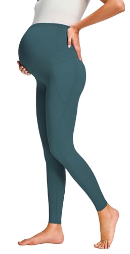 JOYSPELS Smooth Feeling Maternity Workout Leggings with Pockets Pregnancy Pants Over The Belly - color: Teal Blue, size: X-Small