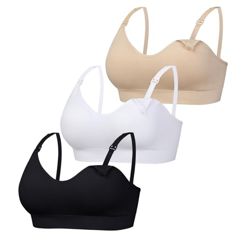 Women Seamless Nursing Bra 3 Pack Maternity Bra Breastfeeding - color: Black/Skin/White, size: Medium