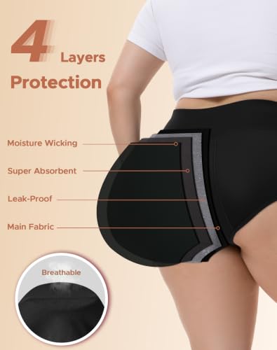 INNERSY Women's Plus Size Period Underwear High Waist Heavy Flow 3-Pack - color: Black, size: X-Large