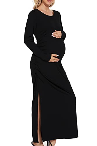 Smallshow Women's Ruched Long Sleeve Split Maternity Dress - color: Black, size: Large