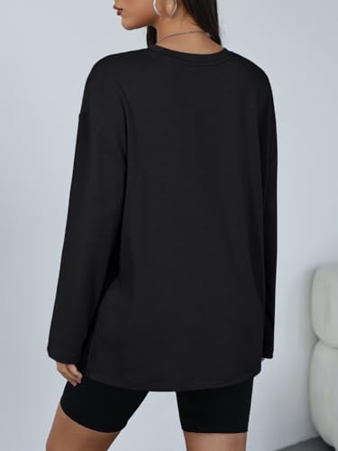 Trendy Queen Womens Oversized Side Slit Long Sleeve Shirts Fall Tops - color: Black, size: Small