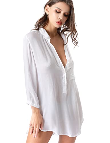 TOUSYEA Soft Women's Sleepshirt Oversized Button Down Swimsuit Cover Ups - color: C White, size: Small