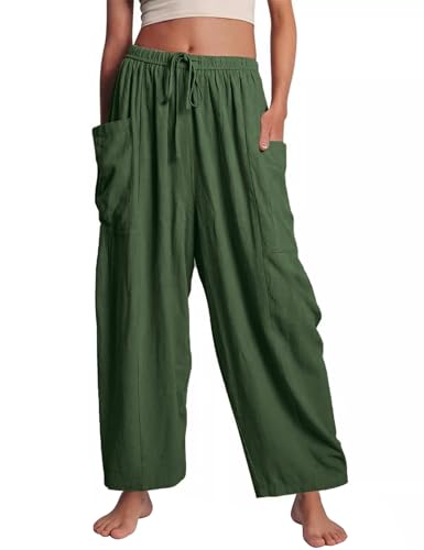 Flygo Women's Flowy Drawstring Wide Leg Pants with Side Pockets - color: Army Green, size: X-Large