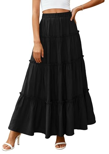 PRETTYGARDEN Women's Boho Tiered Ruffle Flowy Maxi Skirt - color: Black, size: Large
