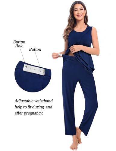 SWOMOG Maternity Nursing Robe Set 3 PCS Postpartum Breastfeeding Pajamas Hospital Pregnancy Pjs Double Layer Lounge Set - color: Navy Blue, size: Medium