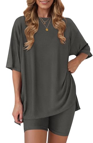 RUBZOOF Women 2 Piece Lounge Sets Summer Outfits Shorts Set - color: Deep Grey, size: Medium