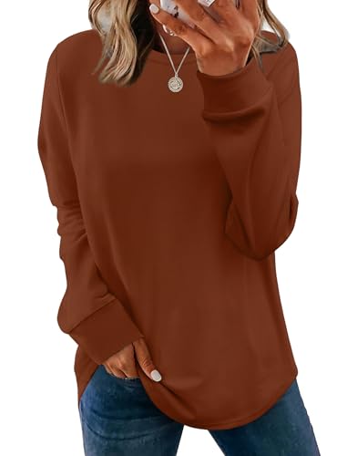 WIHOLL Sweatshirt for Women Crewneck Long Sleeve Shirts Curved Hem Lightweight Sweaters Fall Clothes 2025 - color: Caramel, size: Medium