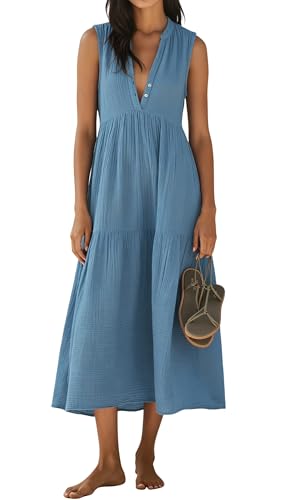 R.Vivimos Womens Summer Cotton Button V Neck Maxi Dress - color: Blue, size: Medium