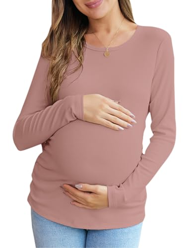 Women's Maternity Fall Tops Long Sleeve Crew Neck Ribbed Knit Slim Fitted Blouse Side Ruched Pregnancy Shirts - color: Long Sleeve-light Brown, size: Medium