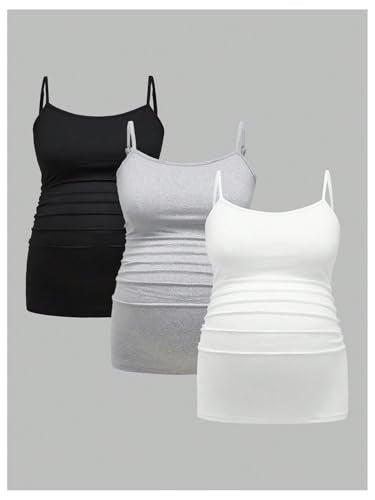 BEAUDRM Women's 3 Pack Maternity Tank Tops Casual Ruched Spaghetti Strap Pregnancy Cami Top Camisole - color: Black and Grey and White, size: Medium