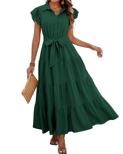 dowerme Women Ruffle Sleeve Button Belted Boho Maxi Dress - color: Dark Green, size: XX-Large