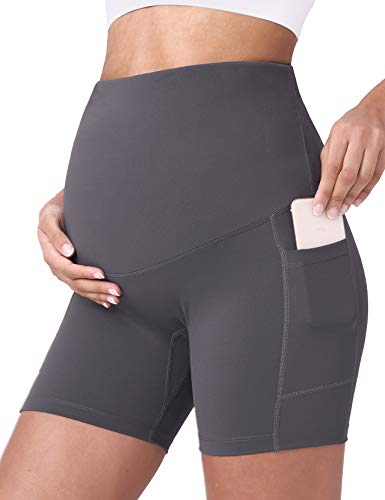 POSHDIVAH Maternity Biker Shorts Over the Belly with Pockets 5"/8" - color: Grey, size: X-Small