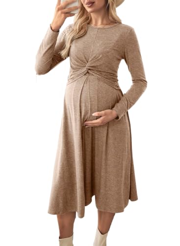 BLENCOT Maternity Nursing Midi Dress Twist Knot Pull Up Feed Postpartum - color: Parchment, size: Large