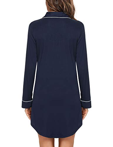 Samring Nightgowns for Women Long Sleeve Button Down Night Gown Sleepshirts - color: Navy Blue, size: Medium