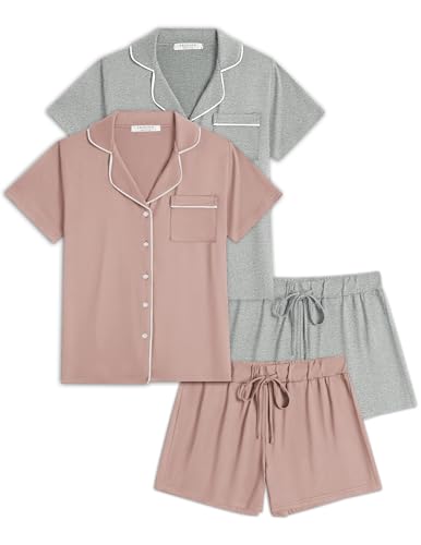 Ekouaer Womens Pajamas Set 2 Pack Button Down Summer Short Sleeve Pjs S-XXL - color: Dusty Pink/Light Gray, size: Medium