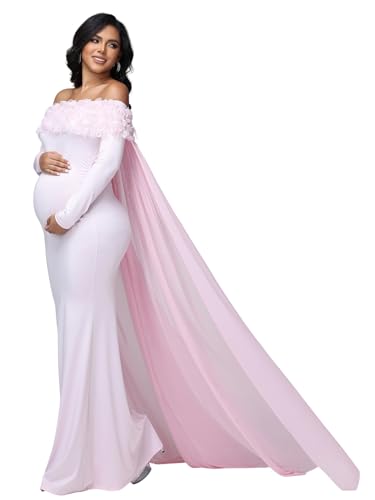 Maternity Mesh Off Shoulder Chiffon Cloak Maxi Photoshoot Dress - color: Pink-long Sleeve, size: X-Large