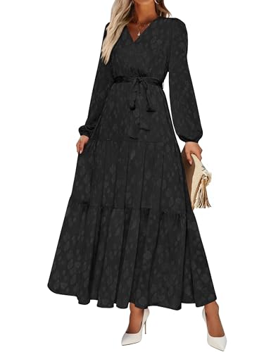 PRETTYGARDEN Womens Long Sleeve Boho Floral Wrap Maxi Dress - color: Black, size: Small