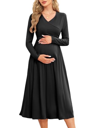 AISWI Women's 2024 Fall Patchwork Maternity Nursing Dress with Pockets Long Sleeve V Neck Clothes Midi Pregnancy Dresses - color: Solid, Black, size: X-Large