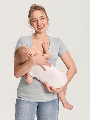 MOMANDA Cotton Ribbed Henley Maternity Tshirts - color: Classic Heather, size: X-Small