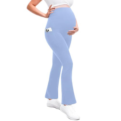 Leafigure Maternity Flare Leggings with Pockets - color: Light Blue, size: X-Large