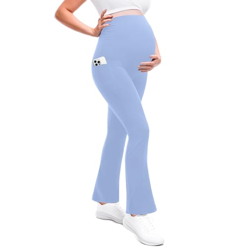Leafigure Maternity Flare Leggings with Pockets - color: Light Blue, size: Large