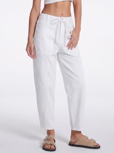 Drawstring Barrel Jeans for Women Elastic Waist Baggy Wide Leg Denim Pants - color: White, size: X-Large