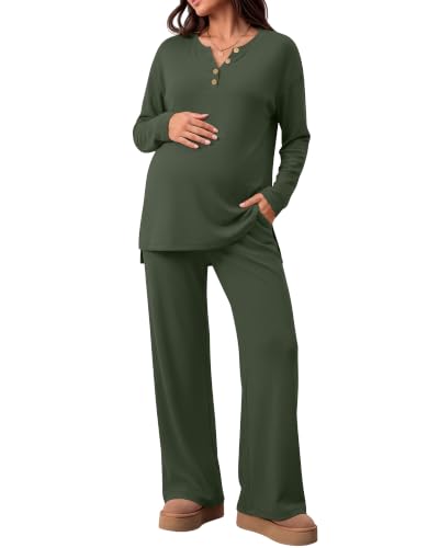 2 Piece Thermal Maternity Lounge Set - color: Army Green, size: X-Large